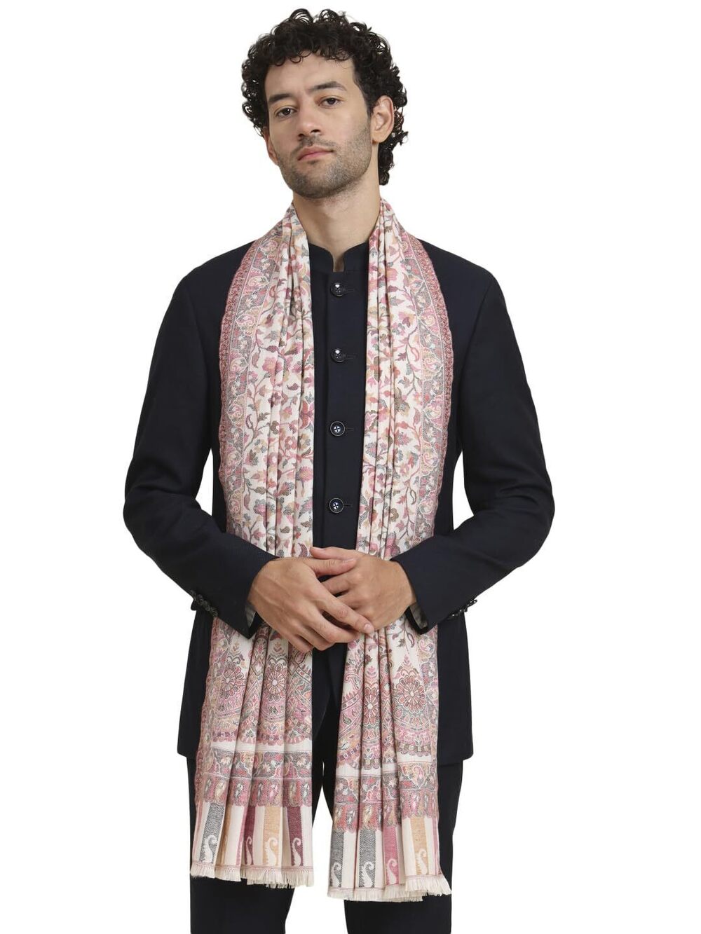 1803 Soft Wool Scarf – Floral Kani Print Shawl for Winter Wear White